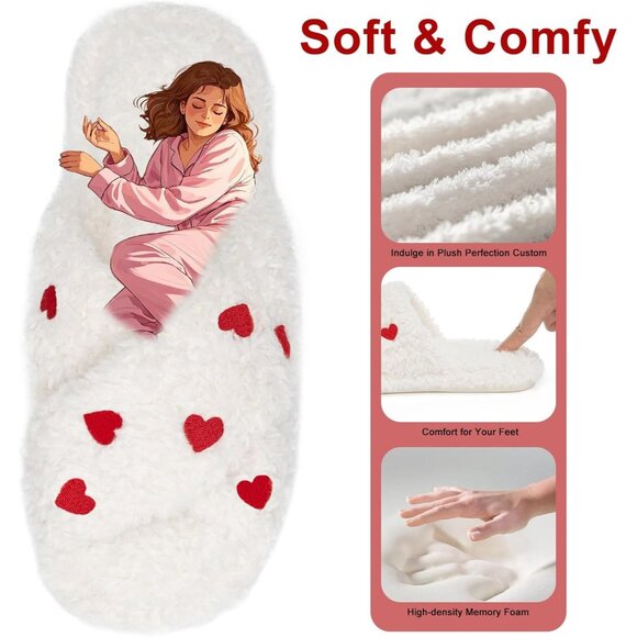 ⚡Women’s White Red Heart Faux Fur Cozy Fuzzy Cross Band Slippers House Shoes - Picture 3 of 6